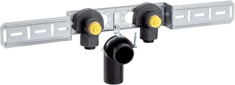 PushFit Anschlusswinkel 90 Grad vormontiert, 2-fach, mit Ablaufrohrschelle und Anschlussbogen, CW617N, d 20mm, Rp 1/2' -...