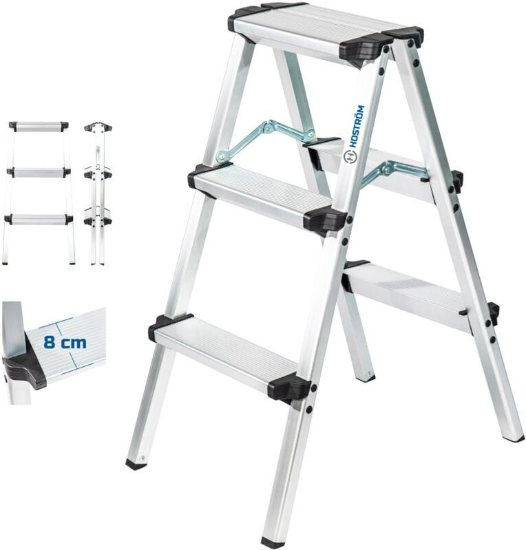 Stehleiter mit 3 Stufen HOMILIX3, kleine zusammenklappbare Stehleiter, Aluminium, kompaktes und robustes Design, max. Ar...