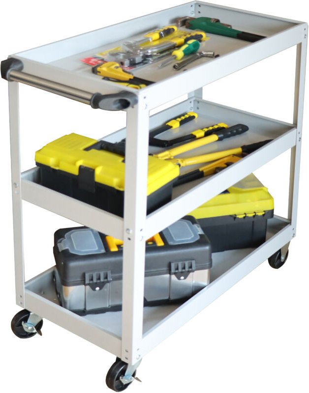 Relaxdays Werkstattwagen, Werkzeugwagen mit 3 Ebenen, mobiler Montagewagen, bis 100 kg, HxBxT: 76 x 35 x 78 cm, grau