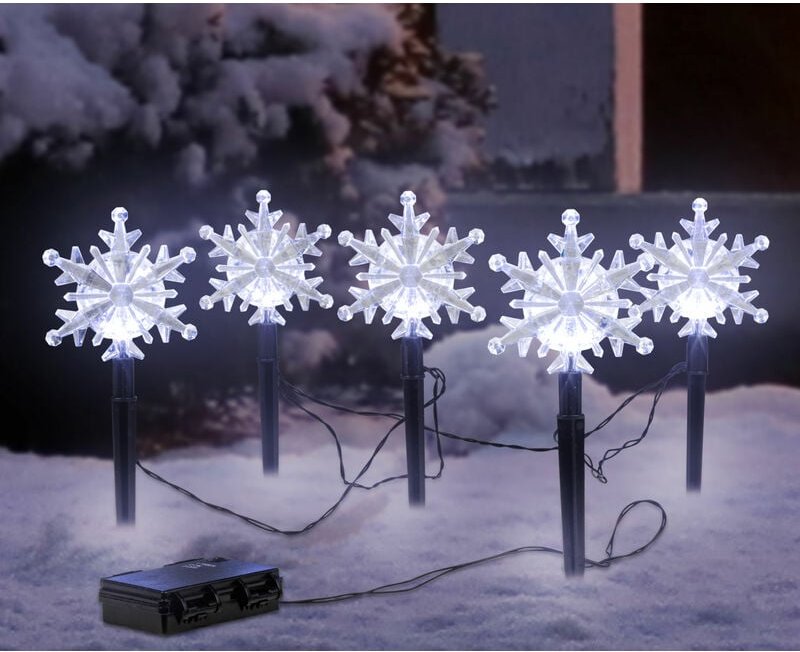 LED Garten Stecker 5 Schneeflocken - 21 cm - Outdoor Weihnachts Deko kalt weiß mit Timer Batterie betrieben