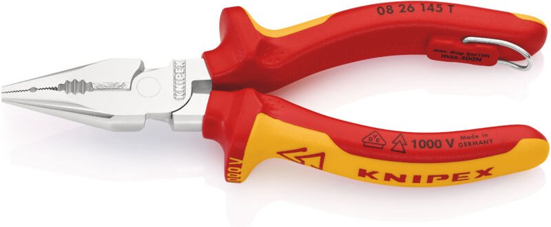 Spitzkombizange mit Befestigungsöse verchromt, isoliert mit Mehrkomponenten-Hüllen, VDE-geprüft mit integrierter isolier...