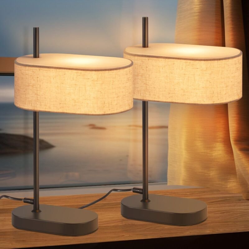 Nachttischlampe 2ER Schlafzimmer Tischlampe Vintage - 44.5cm E14 Schwarz Tischleuchte Leinen Stoffschirm mit Schalter Ka...