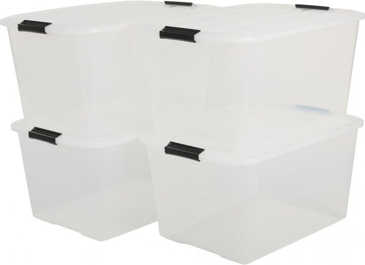 Aufbewahrungsbox mit Deckel, 45L, 4er-Set, Transparent, Schnappverschlüsse mit Griffen, Stapelbar, Stark & Langlebig, Fü...