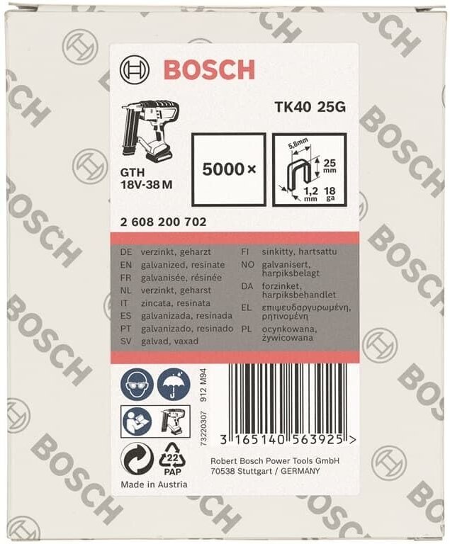 Schmalrückenklammer TK40 25G, 5,8 mm, 1,2 mm, 25 mm, verzinkt, 5000er-Pack - Bosch