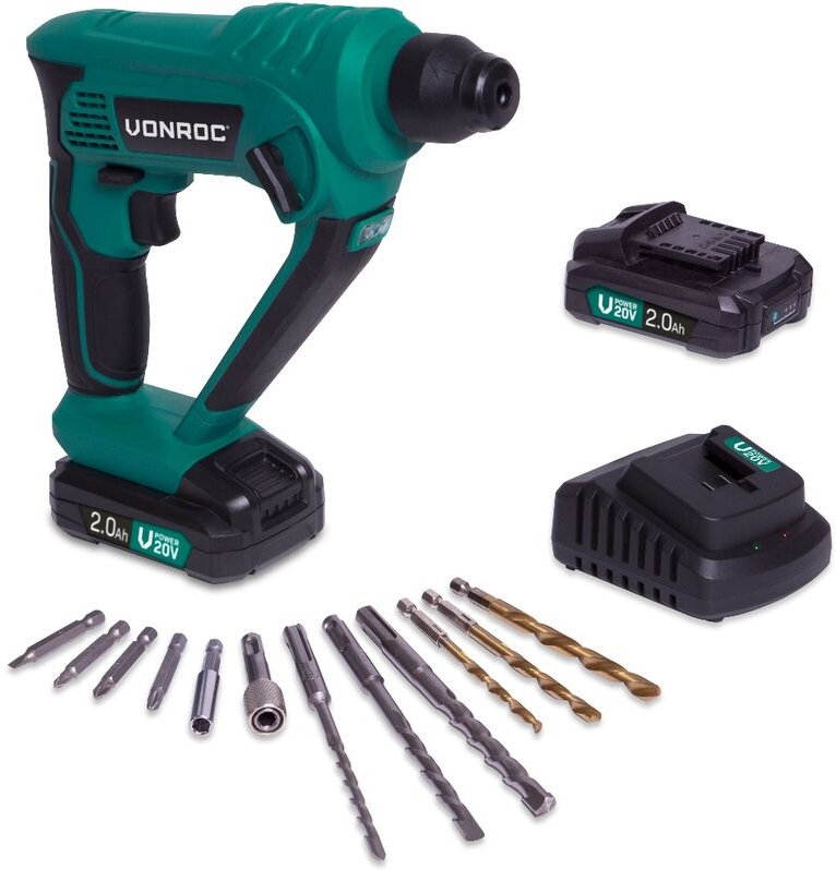 Vonroc - Akku-Bohrhammer – 20 v – Inkl. 2x 2,0 Ah Akkus und Ladegerät – 1,3 Joule – SDS-plus – Inkl. Zubehör und Werkzeu...