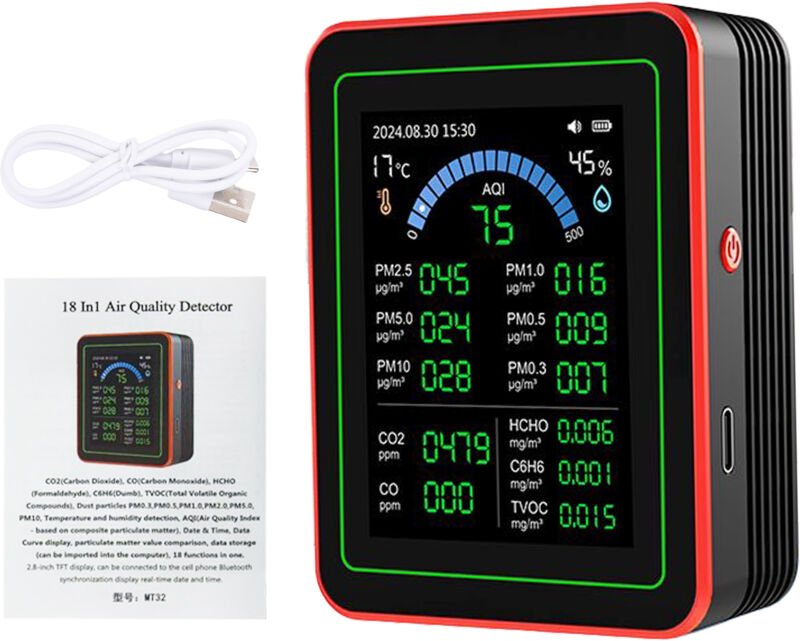 Eosnow 18-in-1-HCHO-Messgerät, Temperatur- und Luftfeuchtigkeitsmessgerät mit Farbbildschirm für das Heimbüro, erkennt I...