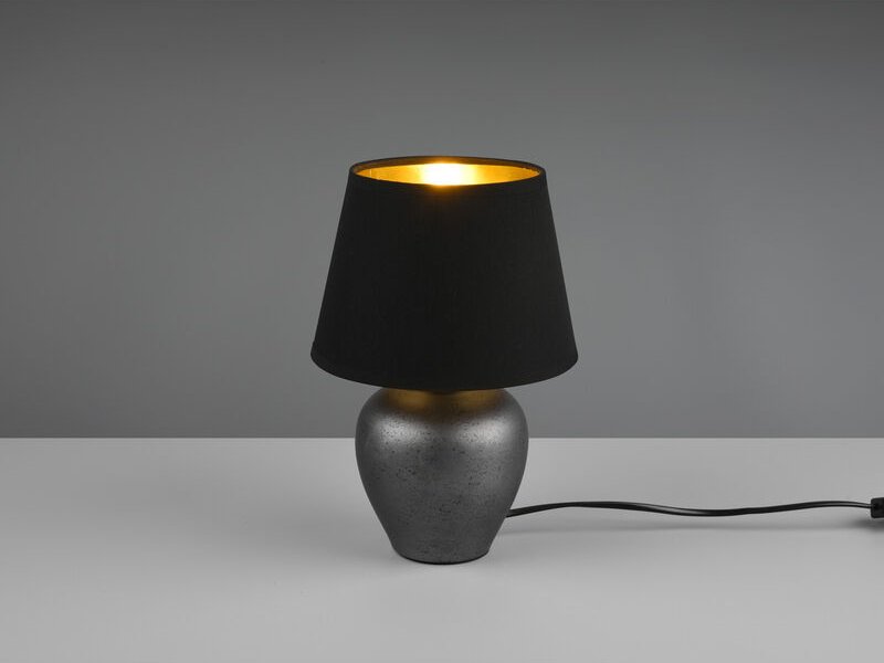 Meinewunschleuchte - Kleine led Tischleuchte mit Keramikfuß & Stoffschirm Schwarz Gold, Höhe 26cm