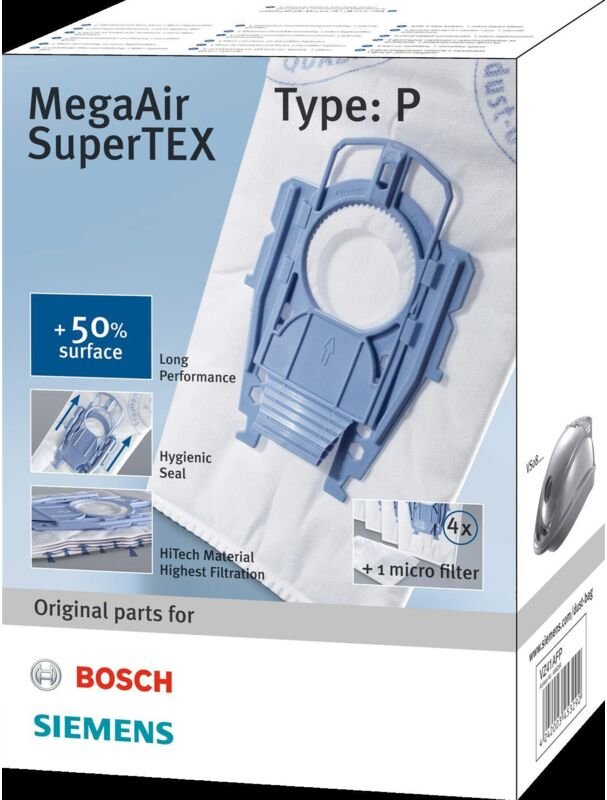 Siemens Staubsaugerbeutel MegaAir SuperTEX VZ41AFP (4+1) Typ P, 4 Stück + Micro-Hygienefilter