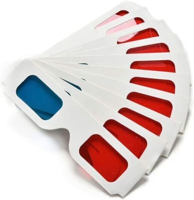 3D-Papierbrillen, Anaglyphenrot und Cyan, weißer Kartonrahmen, 50 Stück