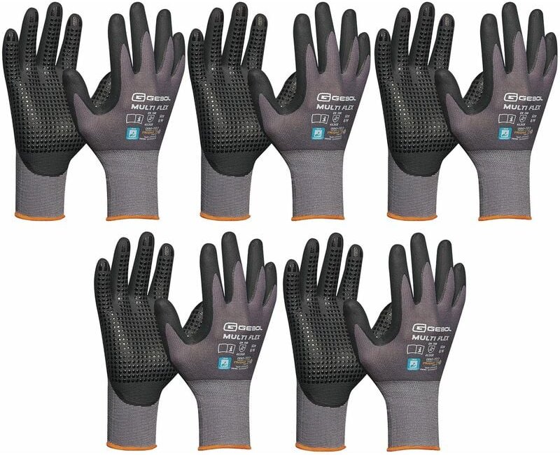 Handschuhe mit Noppen - Montagehandschuhe Gr 7 - Gebol Arbeitshandschuhe Multiflex robust und atmungsaktiv - 5 Paar - Va...