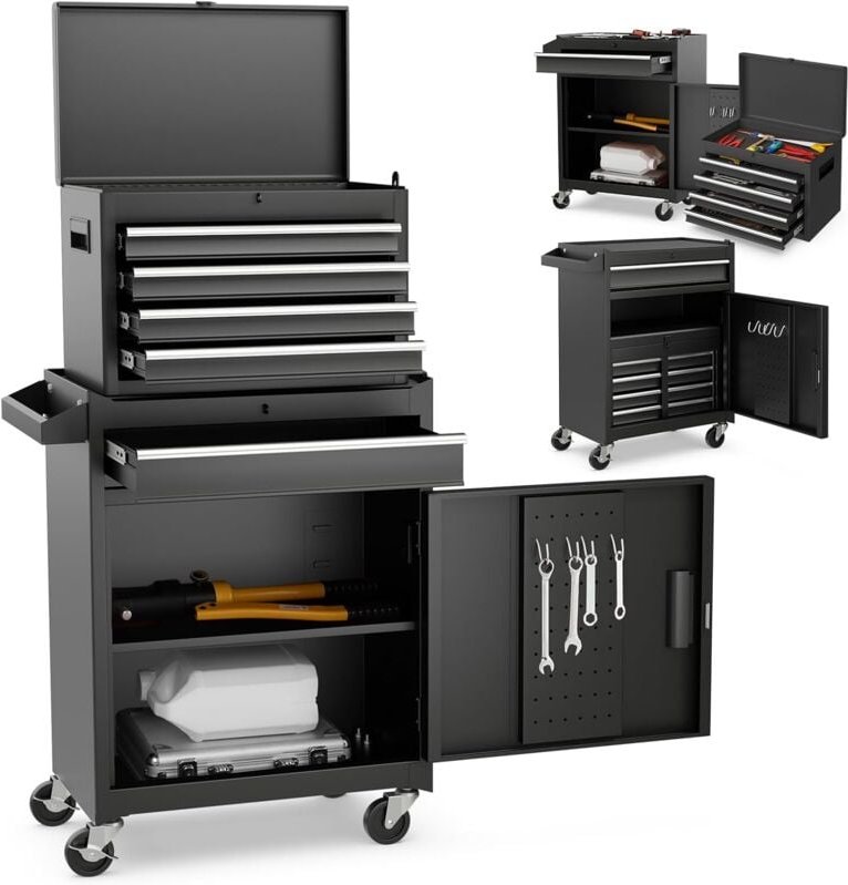 GOPLUS 2 in 1 Werkzeugschrank aus Metall, kombinierter Rollschrank mit tragbarem Werkzeugkasten, mobiler Werkstattwagen ...