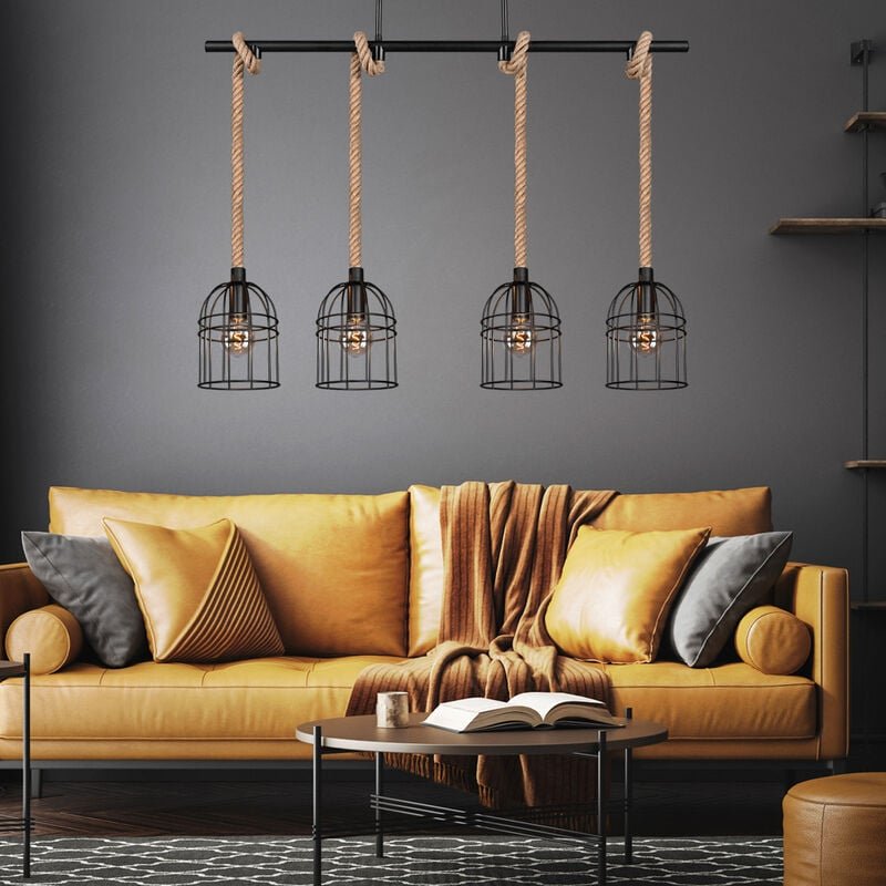 Etc-shop - Käfig Hänge Lampe Ess Zimmer Beleuchtung Decken Leuchte schwarz-matt Sisal Pendel Vintage
