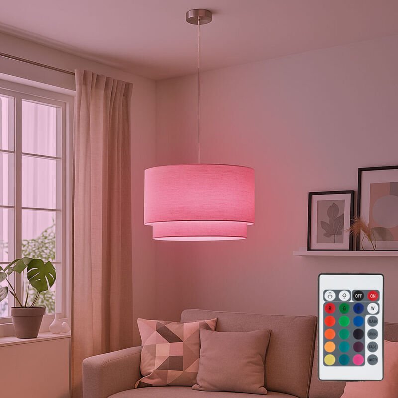 Rgb led Hängelampe Esstischleuchte rund Pendellampe beige Textil Fernbedienung Dimmer, Metall Nickel matt, 4W 470lm warm...