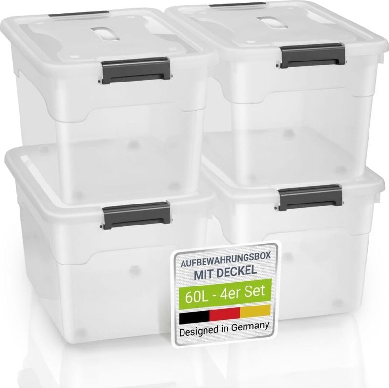 Aufbewahrungsbox mit Deckel - Kunststoff Boxen groß, stapelbar, transparent - Box Aufbewahrung Aufbewahrungsboxen - 4er ...