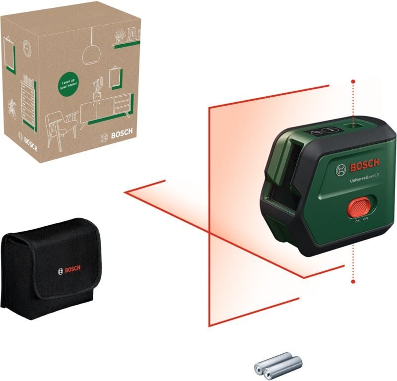 Bosch Kreuzlinienlaser UniversalLevel 2 (Laserkreuz inkl. integrierter Lotpunkte für präzises Ausrichten und einfache Üb...
