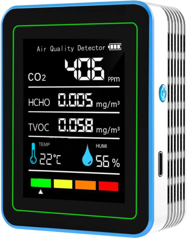 Monitor 5 in 1 per la qualità dell'aria interna: rilevatore preciso di CO2, TVOC, HCHO, temperatura e umidità.