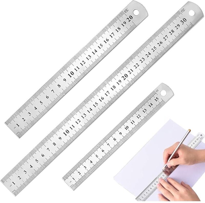 Shining House - 3-teiliges Metalllineal, silbernes Edelstahllineal zum Messen, Lernen, Arbeiten (Silberfarbe)