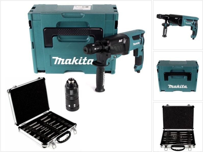 Makita HR 2631 FTJ 800 W Kombihammer mit SDS Plus Bohrfutter und Schnellspannbohrfutter im Makpac + Bosch Meißel und Boh...