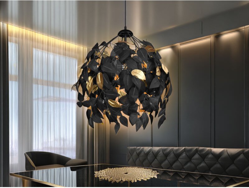 Thumbnail - Led Pendelleuchte mit Blätter Lampenschirm Schwarz Gold, ø 38cm