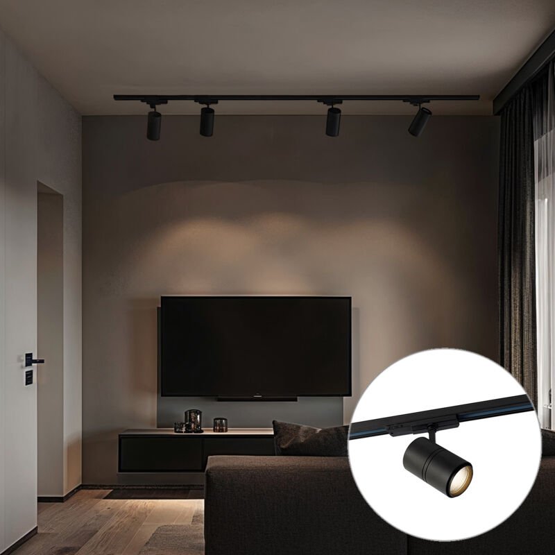 Modernes 3-Phasen-Schienensystem mit 4 schwarzen Strahlern - 3-Phasen-Ruler