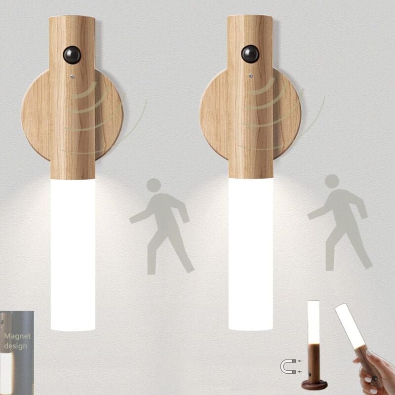 Thumbnail - 2 Stück LED-Treppenlicht, Bewegungsmelder, batteriebetrieben, Holz-Nachtlicht für den Innenbereich, usb wiederaufladbar,...