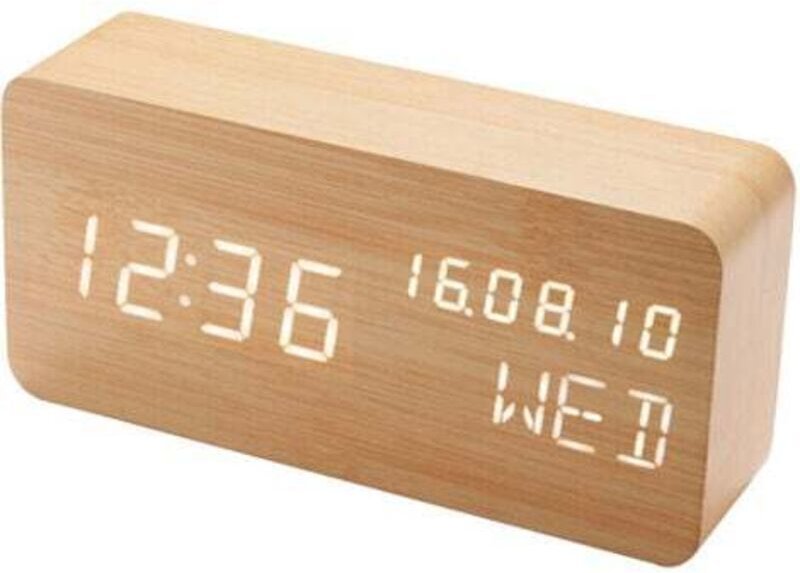 (Holzfarbe) Digitaler Wecker aus Holz mit LED-Beleuchtung, Tonsteuerung, dualer USB-Batteriestromversorgung, geräuschlos...