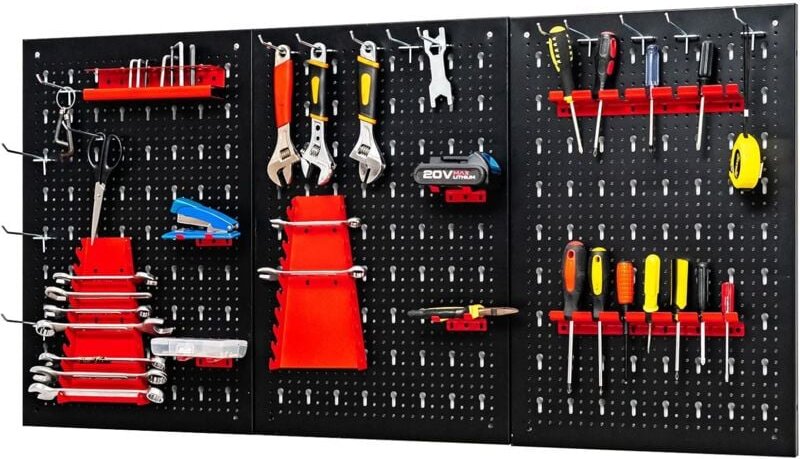 Werkzeugwand 120 x 60 cm, 28 tlg. Werkzeugregal-Set mit Haken & Halterungen, Werkzeuglochwand aus Stahl für Schraubensch...