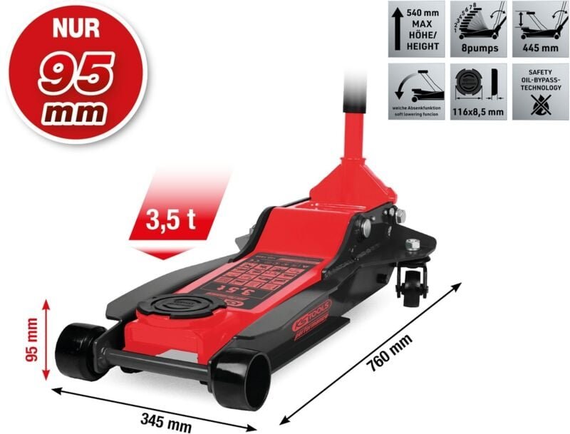 Thumbnail - Ks Tools - performance Hydraulischer Stahl-Wagenheber, 3500 kg, flach, Hubhöhe: 95-540 mm