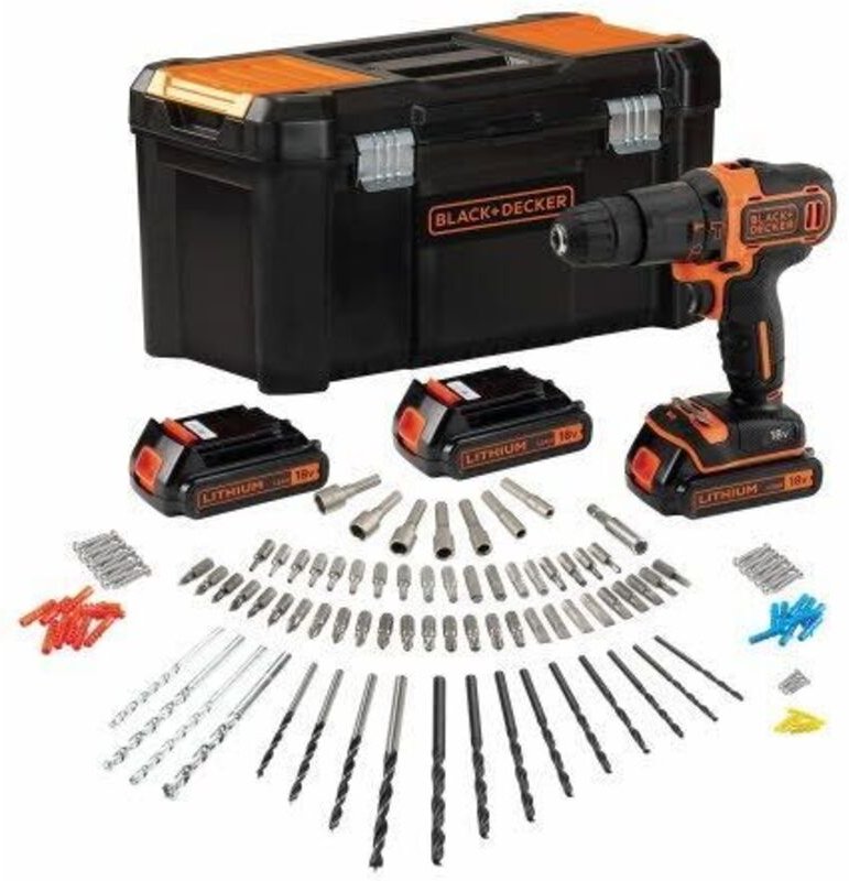 BLACK+DECKER BDCHD181B3A Akku Schlagbohrschrauber 18V/3x1,5Ah Zubehör 120-tlg Koffer