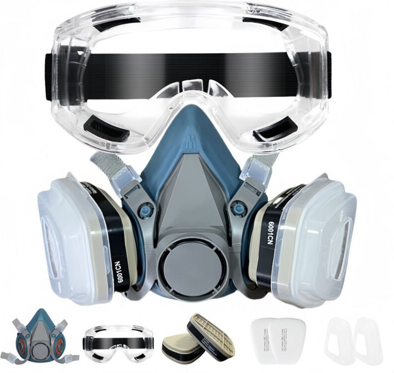 7-in-1 Industrie-Atemschutzmaske für Spritzlackierung + Schutzbrille, Schutzanzug, Sicherheitsfilter, Staubmaske, Ersatz...