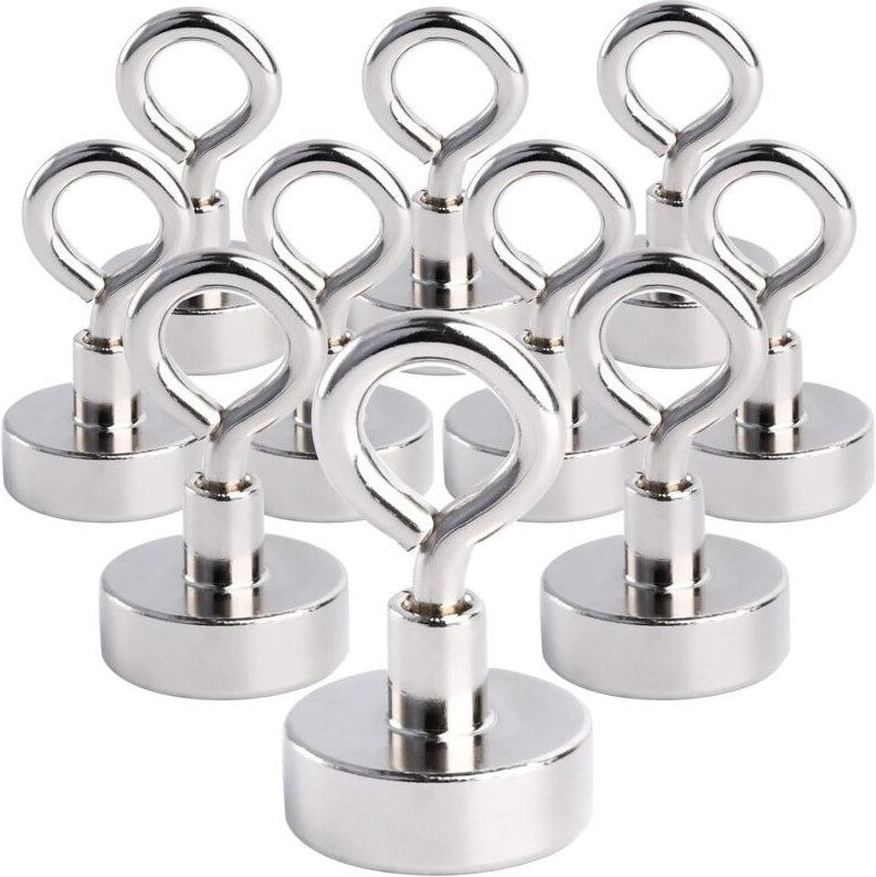 10 extra starke 16 mm Neodym-Magnethaken – 7 kg Zugkraft – Ösenmagnet mit Haken – runder Magnethalter für Camping, Garag...