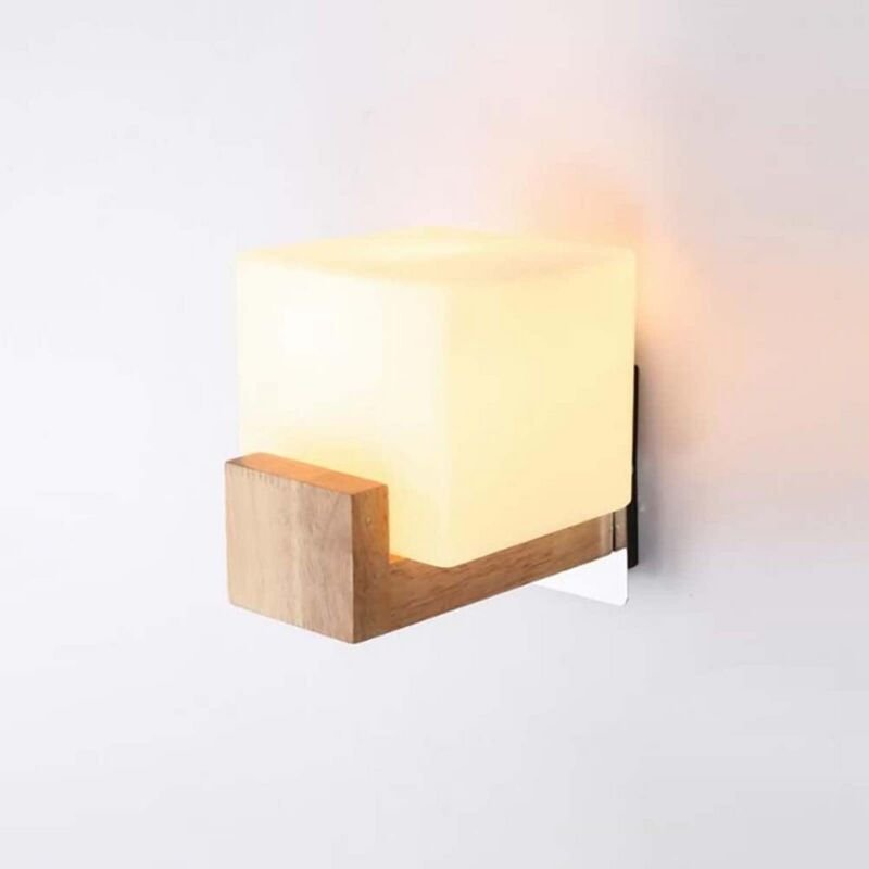 Moderne Wandleuchte fürs Schlafzimmer, schlichte Eichenholz-Wandleuchte, weißer Glasschirm, E27-Fassung, ideal für Schla...