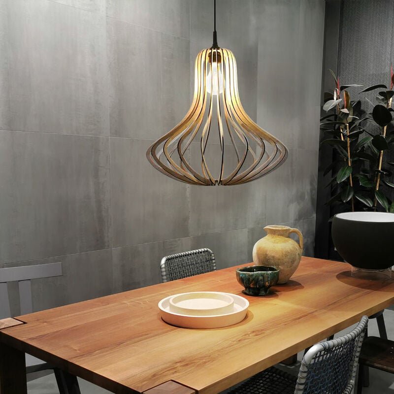 Pendelleuchte Holz Vintage Lampenschirm Holz Pendelleuchte Lamellen , Naturholz Vintage Design gebogen schwarz, 1x E27 F...