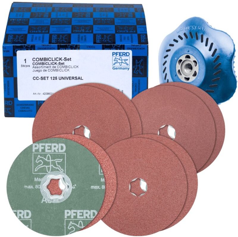 Pferd - 42098001 COMBICLICK-Fiberscheiben-Set Korund Ø125mm A36, 60, 80, 120 mit CC-H-GT-Stützteller f