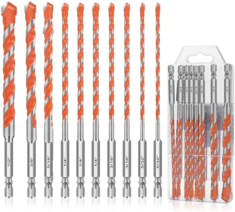 Sechskant-Hartmetall-Betonbohrer, 10er-Set Steinbohrer für Beton, Fliesen, Ziegel, Keramik, Glas, 4 mm–12 mm