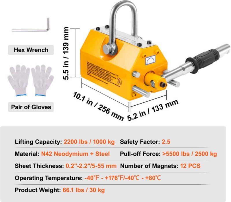 Magnetlift, 2200 lb/1000 kg Tragfähigkeit, 2,5-facher Sicherheitsfaktor, Neodymstahl, Auslösefunktion, permanenter Lasth...