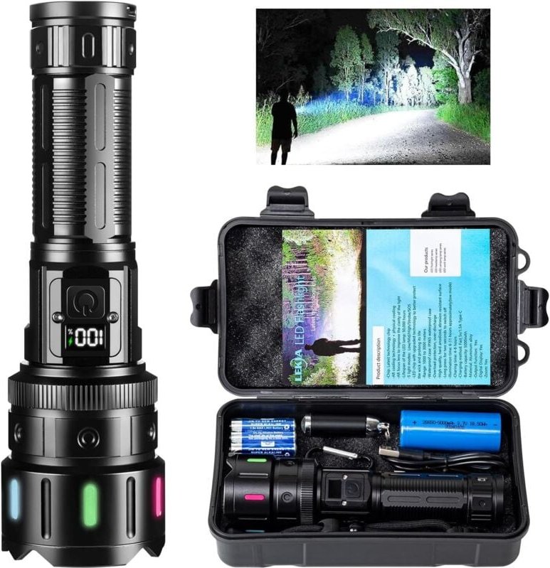 LED-Taschenlampen, superhell, 5 Modi, zoombar, wasserdicht, mit 5000 mAh Akku für Notfälle, Camping, Wandern