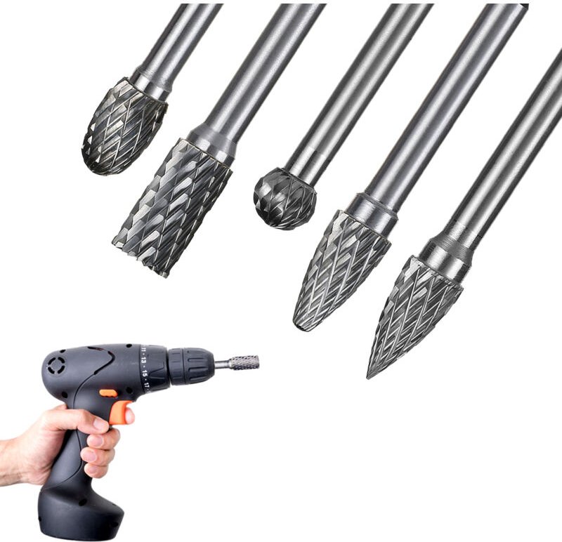 6 mm, 5-teiliges XL-Hartmetall-Frässtift-Set mit Holzsockel, Schleifbits, Rotationsentfetter, Raspelfeile für Metallschw...