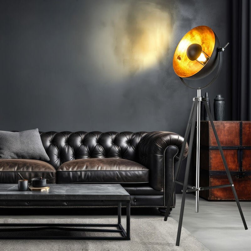 Stehlampe schwarz Wohnzimmerleuchte modern Stativleuchte gold, Retro Standlampe 4-Bein Höhenverstellbar, Metall matt, 1x...