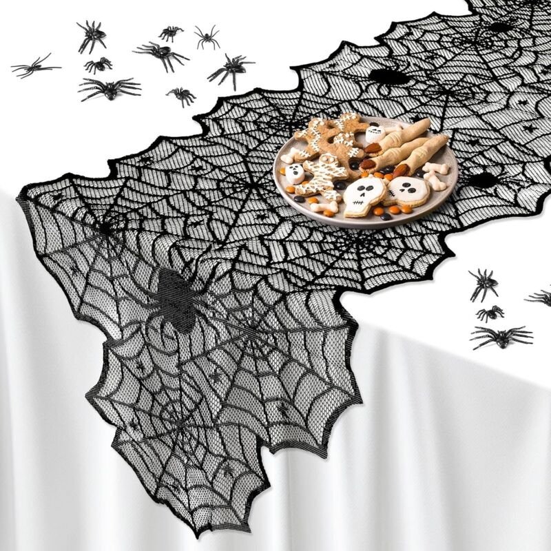Schwarze Halloween-Tischdekoration 45 x 183 cm Spinnennetz mit 18 drehbaren Spinnen für Küche und Esszimmer