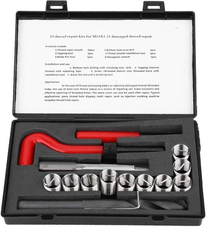 17-teiliges Gewindereparaturset, Edelstahl-Spiralbohrer-Set M12x1,25, Gewindebohrer, Gewindeeinsätze, Montagewerkzeug