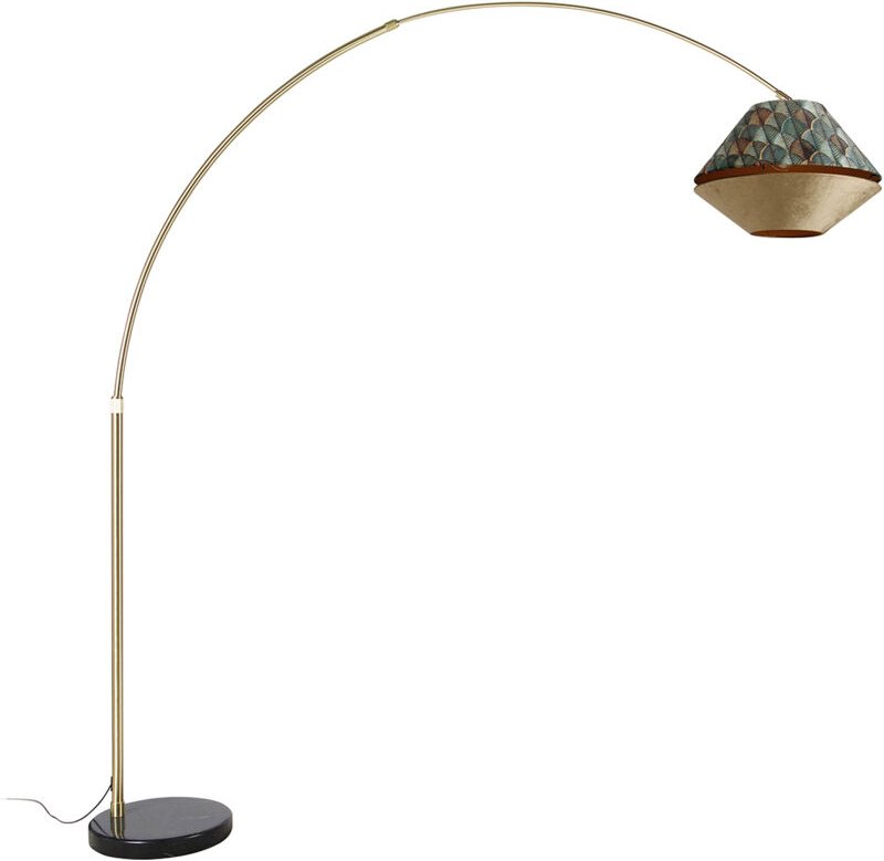 Bogenlampe aus Messing mit doppeltem Samtschirm Blattdesign und Beige - xxl