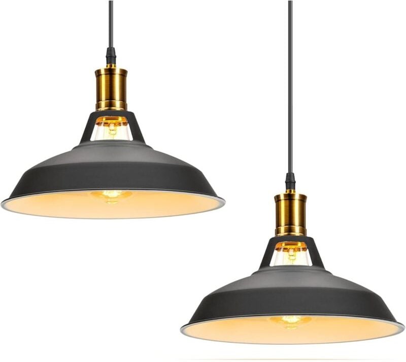 2 Stücke Vintage Metall Pendelleuchte Höhenverstellbar Pendelleuchte Hängelampe 27CM Schwarz und Weiß