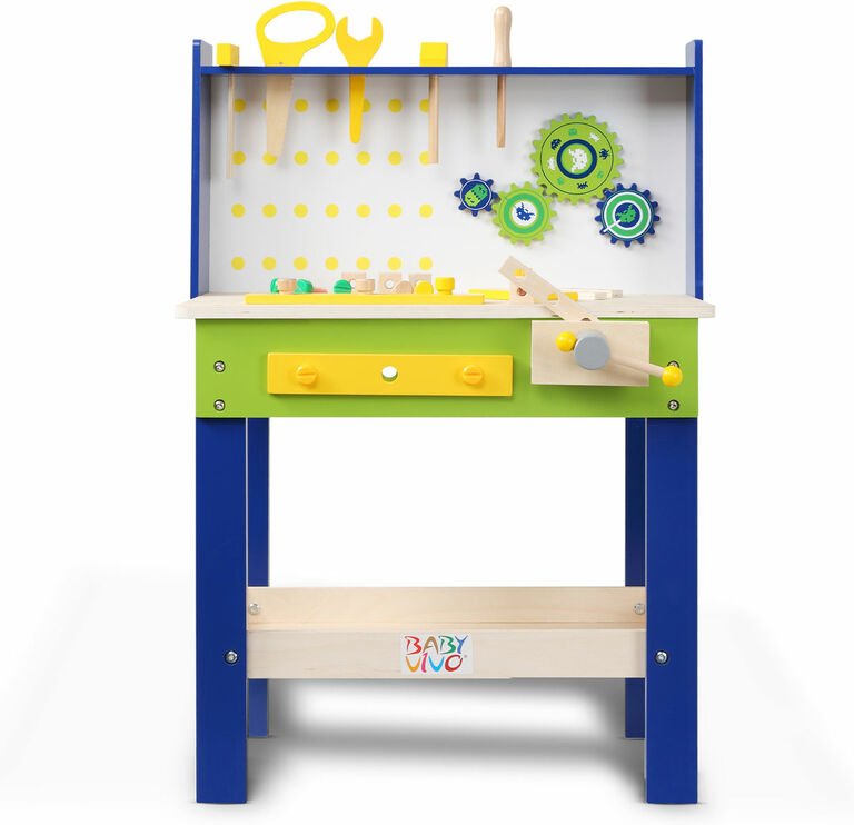 Spielwerkbank / Werkbank für Kinder aus Holz - Luigi mit drehbaren Zahnrädern und 29 Teilen Zubehör - Baby Vivo