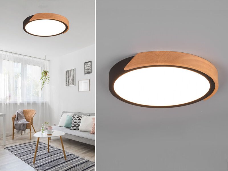 Reality Leuchten - led Deckenleuchte jano rund Schwarz mit Holz, 3 Stufen Dimmer, ø 31cm