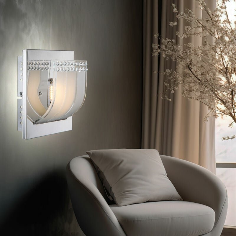 Wandlampe chrom Glas led Wandleuchte Flurleuchte Treppenhauslampe Wohnzimmerlampe, 1x led warmweiß, DxH 16x9 cm