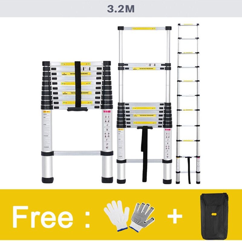 FREOSEN 3,2 m tragbare Multifunktions-Teleskopleiter aus Aluminium, mit Tragetasche und Handschuhen, maximale Belastung ...
