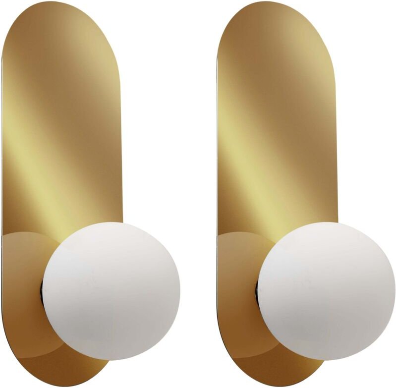 Wandleuchte 2er Set Gold Metall Oval 1-Flammig mit Milchglas-Kugel Retro-Design Wandlampe für Innenbereich Schlafzimmer ...