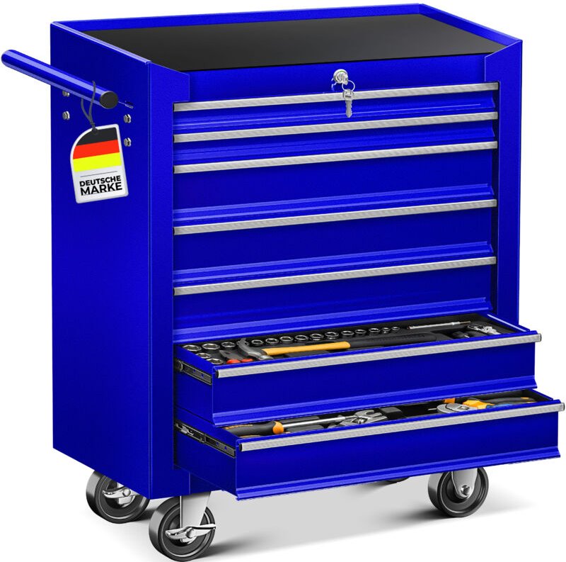 Masko® Werkstattwagen Rollwagen Werkzeugwagen Werkzeugkiste Fächer Toolbox Werkzeug-Box 7 Fächer Blau