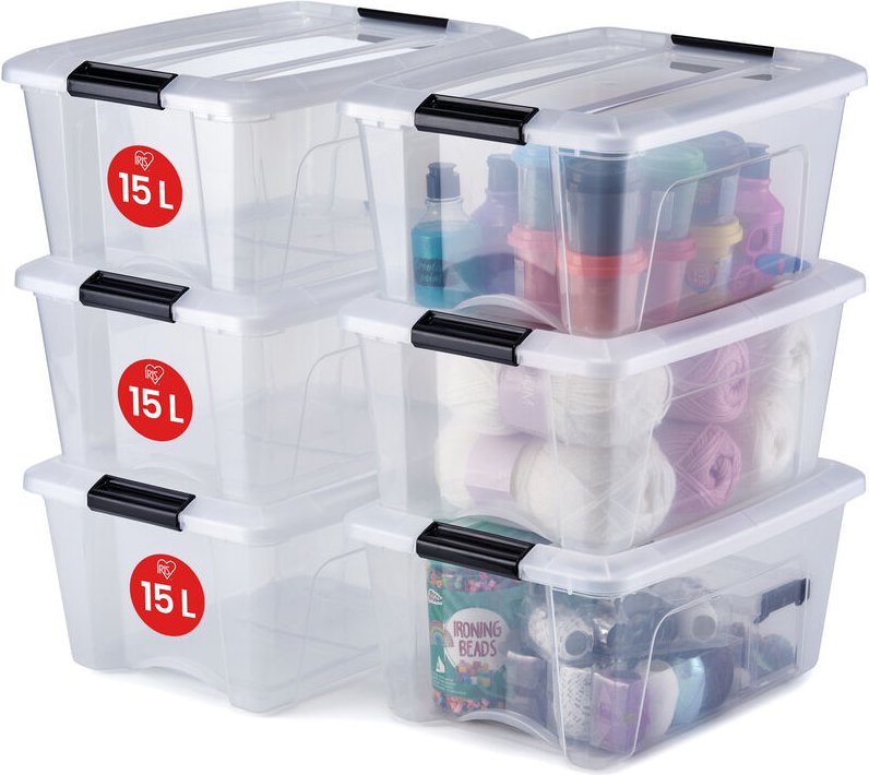 Aufbewahrungsboxen mit Deckel, 15L, 6er-Set, Transparent, Sicherer Verschluss, Stapelbar, Griffe, Schlafzimmer, Schrank,...